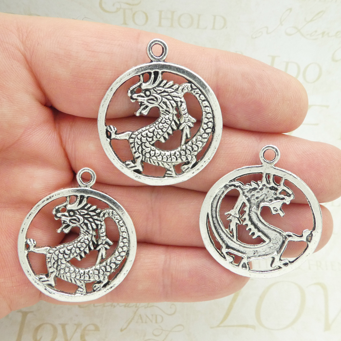 Silver Dragon Pendant Disk in Antique Pewter Medium » Dragon Charm
