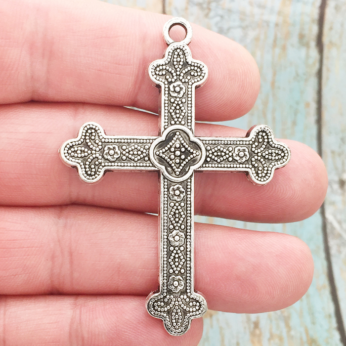 Silver Orthodox Cross Pendant Pewter 