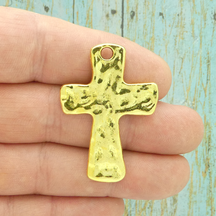 Wholesale Large Hammered Cross Jewelry Connectors with Turquoise Center,  Bulk (6)