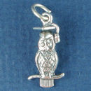 Wise Owl Charm Sterling Silver Pendant in 3D Wearing a Graduation Cap