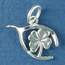 Wishbone with Shamrock Four Leaf Clover Charm Lucky Sterling Silver Charm