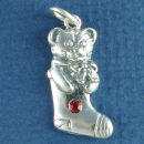 Christmas Teddy Bear in Stocking with Red Swarovski Crystal Sterling Silver Charm Pendant