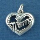 Mom on Heart with Beaded Accents Sterling Silver Charm Pendant