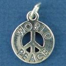 World Peace Word Phrase on Peace Sign Symbol Sterling Silver Charm for Bracelet or Necklace