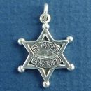 Police, Deputy Sheriff Word Phrase on Six Pointed Star Badge Sterling Silver Charm Pendant