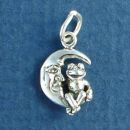 Frog Sitting on Crescent Moon 3D Small Sterling Silver Charm Pendant