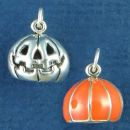 Halloween Jack O Lantern with Orange Enamel 3D Sterling Silver Charm Pendant