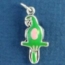 Parrot Tropical Bird with Green and Pink Enamel Accents 3D Sterling Silver Charm Pendant