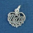 Mom in Lace Heart Sterling Silver Charm Pendant