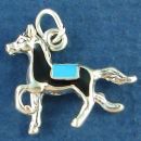 Horse Trotting with Black and Turquoise Enamel Accents 3D Sterling Silver Charm Pendant