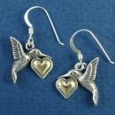 Humming Bird Sterling Silver French Wire Earrings Holding 14K Gold Heart