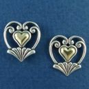 Heart with Scroll Fan Design Sterling Silver Post Earrings and 14K Gold Heart Accent