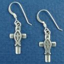 Cross with Christian Fish Ichthus Sterling Silver Earrings with French Wire