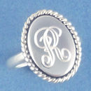 Vertical Oval Engravable Disk with Rope Accent Sterling Silver Ring