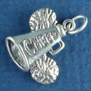 Cheerleader Megaphone and Pom Poms with Word Phrase Cheer 3D Sterling Silver Charm Pendant