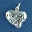 Heart and Apple with Word Phrase Favorite Teacher School Sterling Silver Charm Pendant