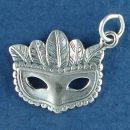 Ladies Mardi Gras Mask with Feather Accents Sterling Silver Charm Pendant