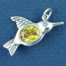 Bird, Hummingbird with Yellow CZ Sterling Silver Charm Pendant