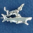 Scuba Diver Swimming with a Shark 3D Sterling Silver Charm Pendant