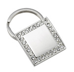 Square Key Chain with Crystals Silver Tone Polished Engravable Area