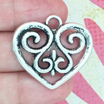 Filigree Heart Charm Pendant Silver Pewter Medium