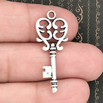 Key Charm in Antique Silver Pewter with Heart Design