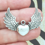 Spread Angel Wing Charm in Antique Silver Pewter with Heart