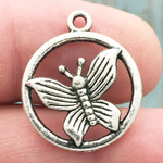 Disk with Butterfly Charm Pendant Antique Silver Pewter