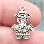 Girl Angel Charm in Antique Silver Pewter with Star Accents