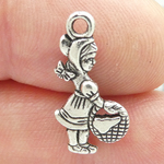 Little Girl Charm in Silver Pewter with Basket