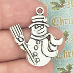 Silver Snowman Charm for Bracelet in Pewter with Shovel