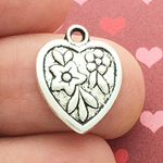 Flower Design on Heart Charm Antique Silver Pewter