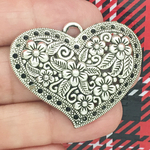 Flower Heart Charm Pendant Antique Silver Pewter