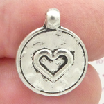 Silver Hammered Heart Charm Disk Double Sided