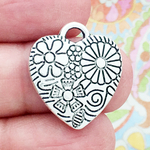 Flower Heart Charm in Antique Silver Pewter