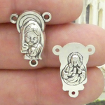 Virgin Mary and Baby Jesus Rosary Center in Antique Silver Pewter