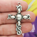 Bead and Swirl Cross Pendant in Silver Pewter Medium