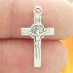 Crucifix Cross Charm with St Benedict on back in Antique Silver Pewter Small