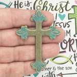 Fleur De Lis Cross Pendants Wholesale in Brass and Turquoise Pewter