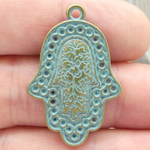 Hamsa Hand Charm in Gold Pewter with Turquoise Patina