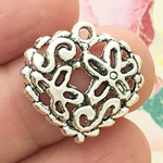 Heart Charm Pendant Scroll Floral in Antique Silver Pewter