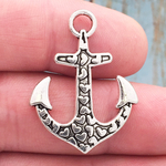 Nautical Anchor Pendant with Hearts in Silver Pewter Medium