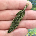 Large Feather Charm Pendant in Antique Bronze Pewter