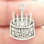 Happy Birthday Cake Charms Bulk in Silver Pewter