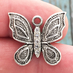 Silver Butterfly Charms Wholesale Pewter with Crystal Accents