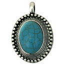 Silver Oval Turquoise Pendant with Rope and Bead Bezel in Pewter