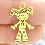 Girl Charm Pendant in Gold Pewter with Heart Accents