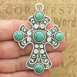 Orthodox Cross Pendant Silver Pewter with Turquoise and Crystals