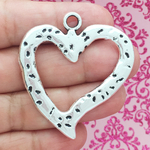 Hammered Silver Open Heart Charm Pendant in Pewter