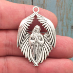 Silver Angel Pendant Praying with Spread Wings in Pewter